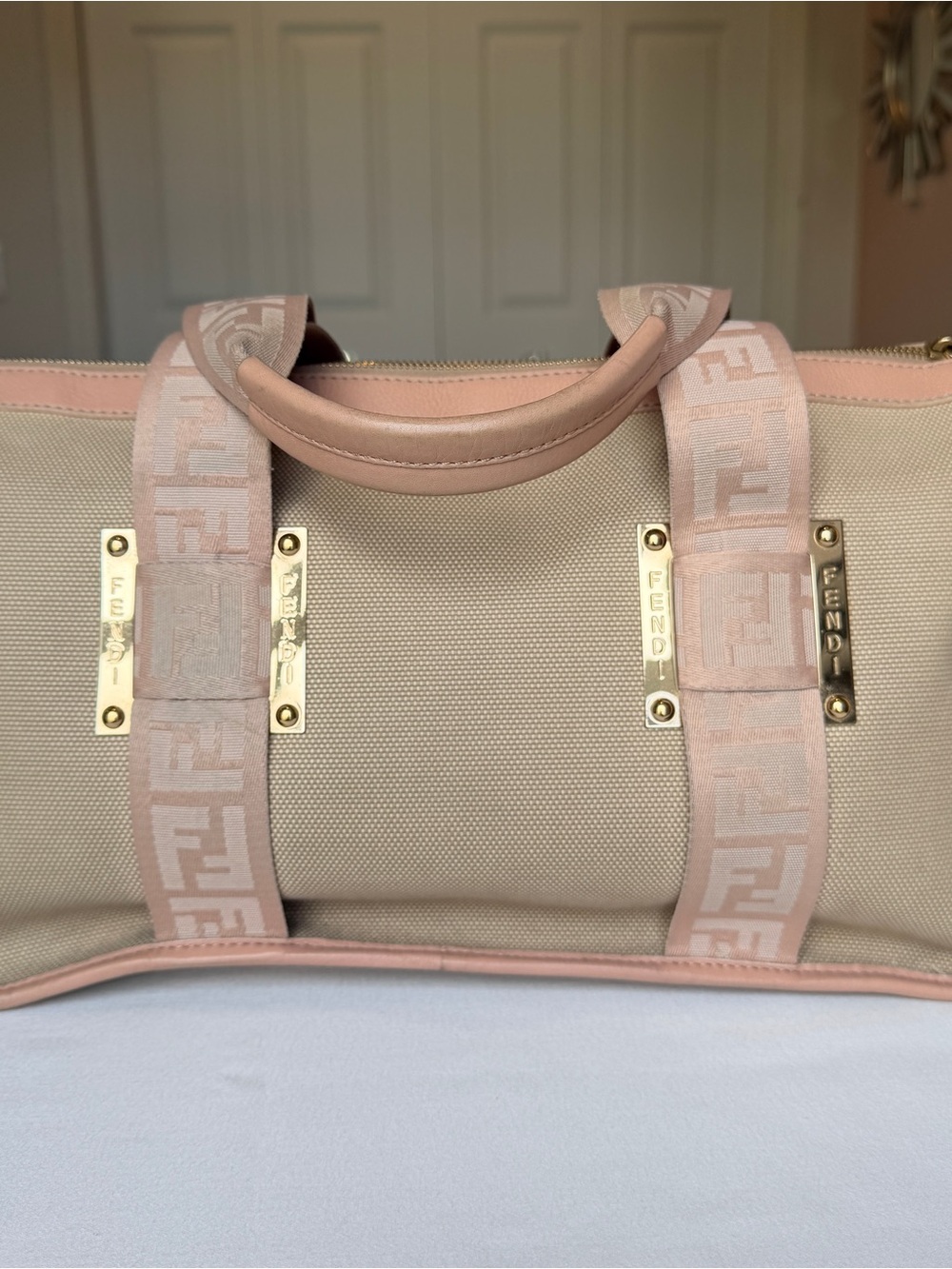 Fendi Vintage Canvas Zucca Webbing Boston Bag 8BN141 Pink